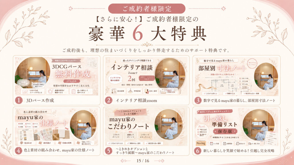 ハウスメーカー成約者限定の6大特典。3Dパース作成、インテリア相談Zoom2回、部屋別寸法ノート、mayu家の仕様ノート、こだわりノート、引越し準備リスト