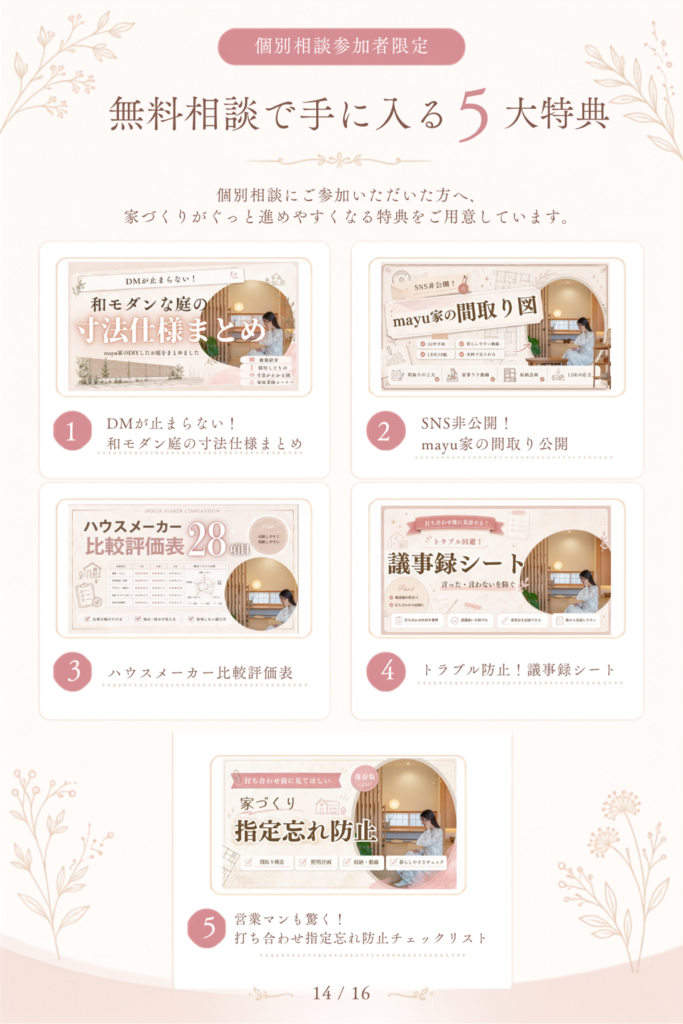 個別相談に進んだ方への5大特典。和モダン庭の寸法仕様まとめ、mayu家の間取り公開、ハウスメーカー比較評価表28項目、議事録シート、打ち合わせ指定忘れ防止チェックリスト