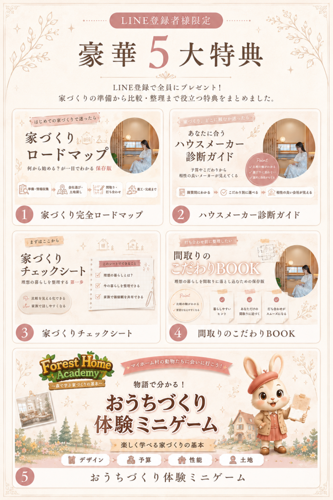 LINE登録で受け取れる5大特典。家づくり完全ロードマップ、ハウスメーカー診断ガイド、家づくりチェックシート、間取りのこだわりBOOK、おうちづくり体験ミニゲーム