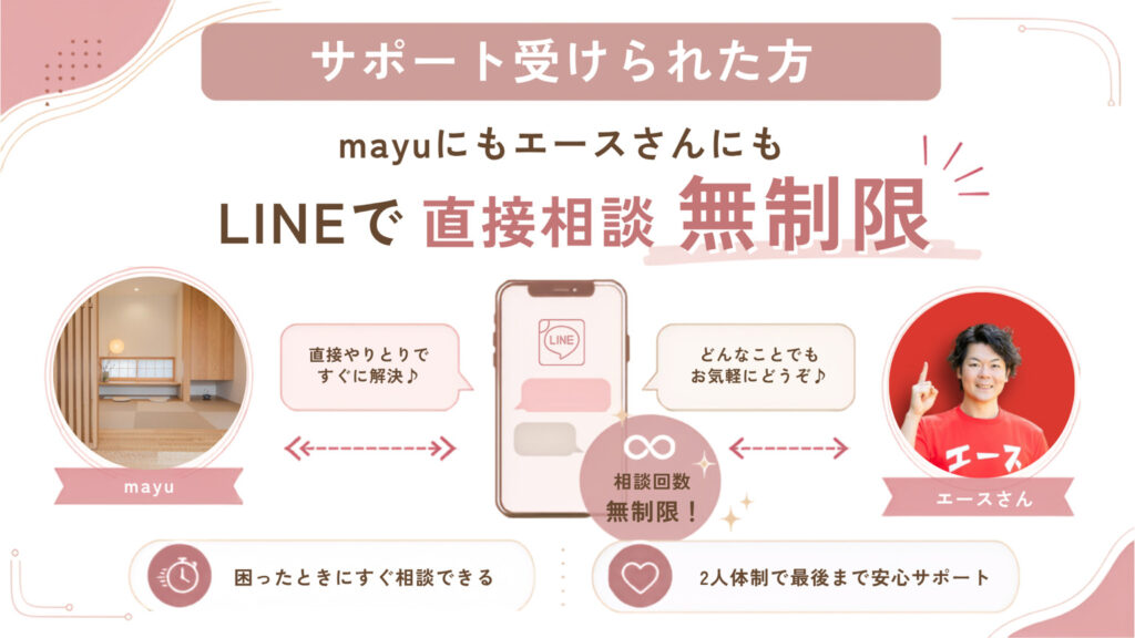 サポートを受けた方はmayuにもエースさんにもLINEで直接相談でき、相談回数は無制限。困ったときにすぐ相談できる2人体制のサポート