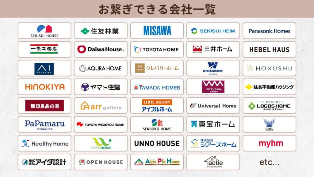 家づくりサポートでご紹介できるハウスメーカー・工務店・住宅会社の一覧(積水ハウス・住友林業・ミサワホーム・セキスイハイム・パナソニックホームズなど)